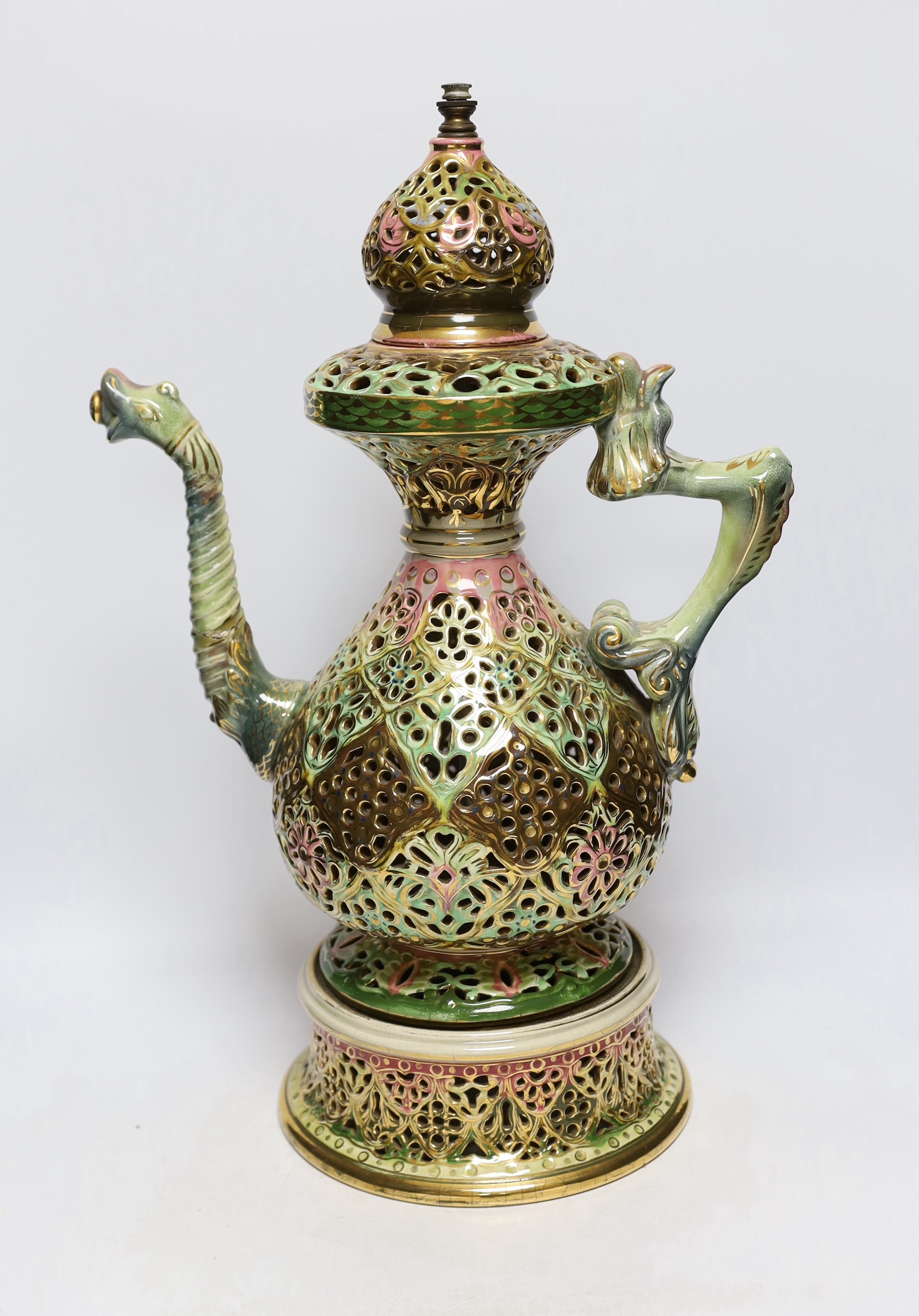 A large Fischer pierced pottery ewer, 53cm high